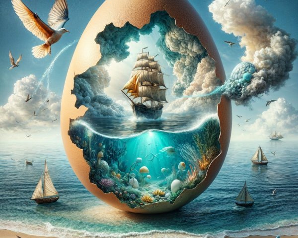 Intricate Egg Shell with Marine Scene on Beach