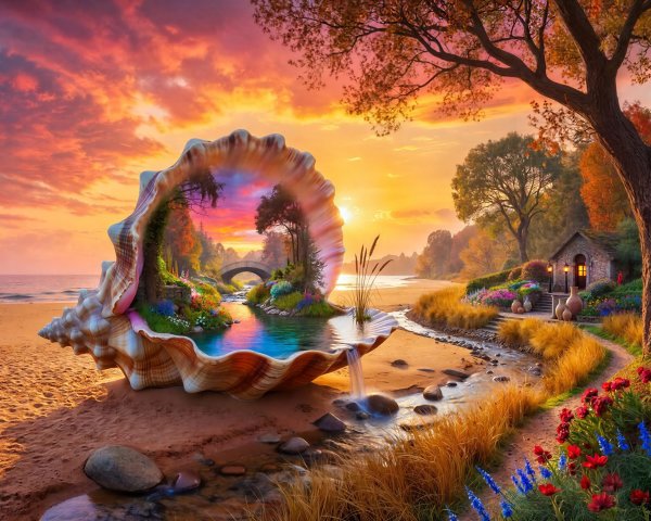 Giant Seashell Landscape at Sunset with Miniature World