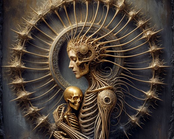 Intricate Figure with Skull and Golden Halo Design