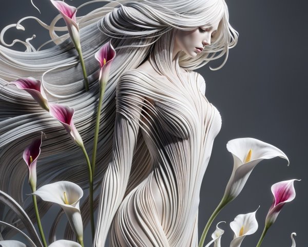 Graceful Figure with White Hair and Calla Lilies