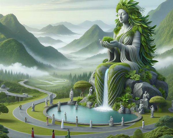Giant Mother Nature Statue in Lush Mountain Landscape