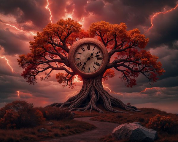 Autumn Tree with Clock Face Against Stormy Sky