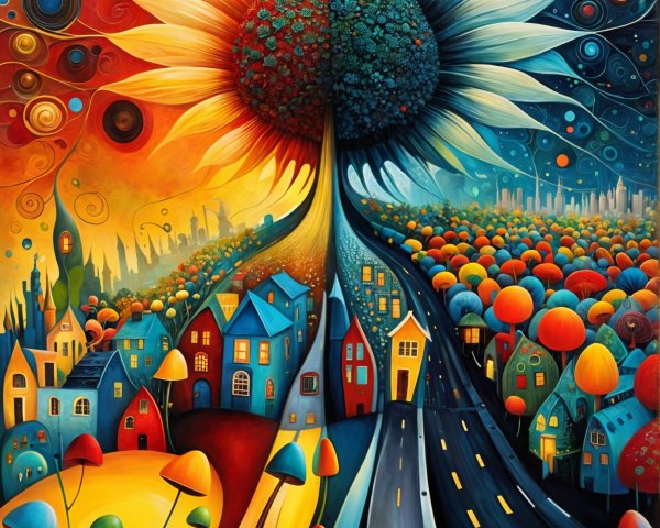 Surreal Landscape with Sunflower and Blue Flower