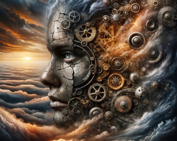 Surreal Human Face with Mechanical Elements in Clouds