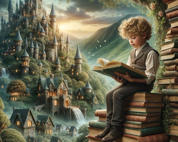 Young Boy Reading Among Colorful Books and Castle