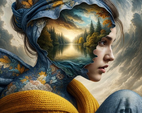 Woman with Landscape Features and Serene Expression