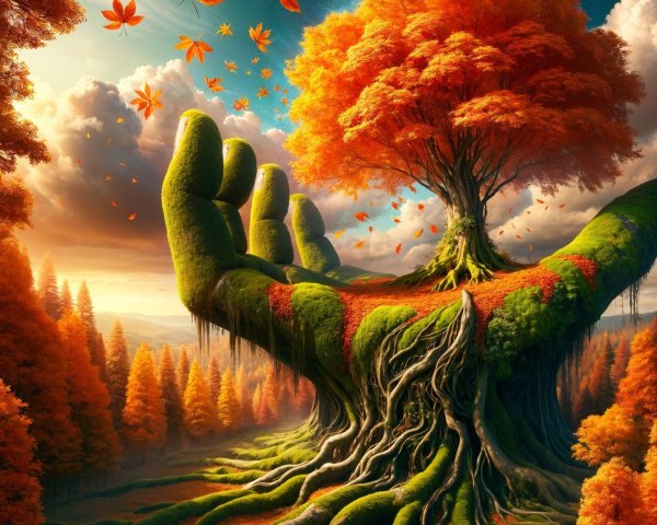 Giant Green Hand Cradling Tree Amidst Autumn Leaves