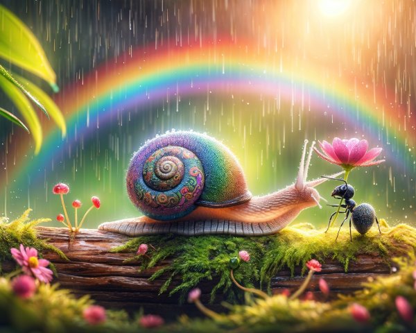 Colorful Snail and Ant in Enchanted Forest Scene
