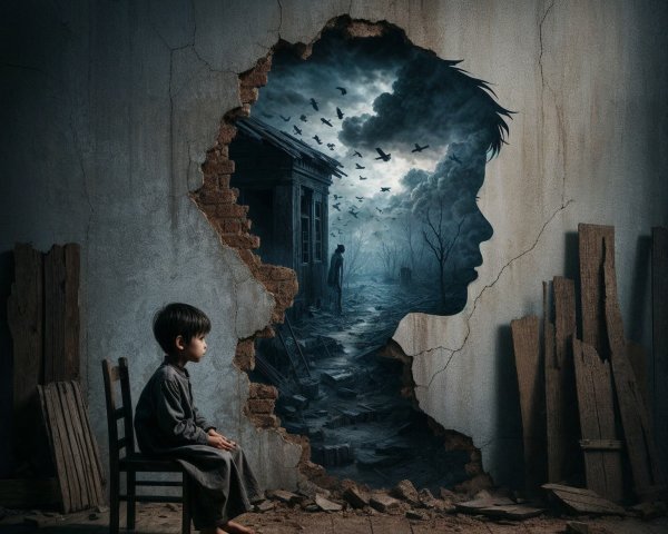 Boy in a dim room gazing through a jagged wall hole