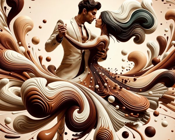 Whimsical Dance of a Couple in Abstract Ribbons
