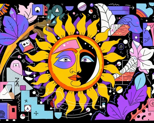 Vibrant Abstract Design with Stylized Sun and Shapes