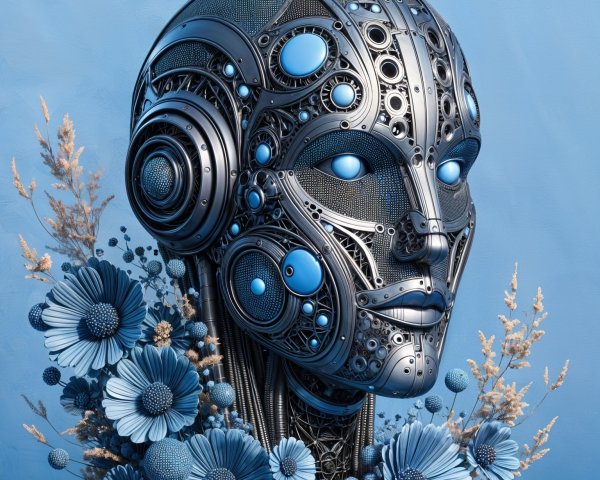 Futuristic robot head with floral accents and details