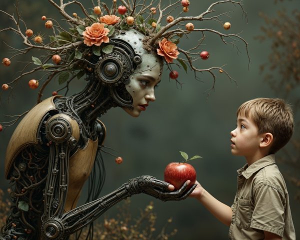Humanoid Robot with Apple and Young Boy in Surreal Scene