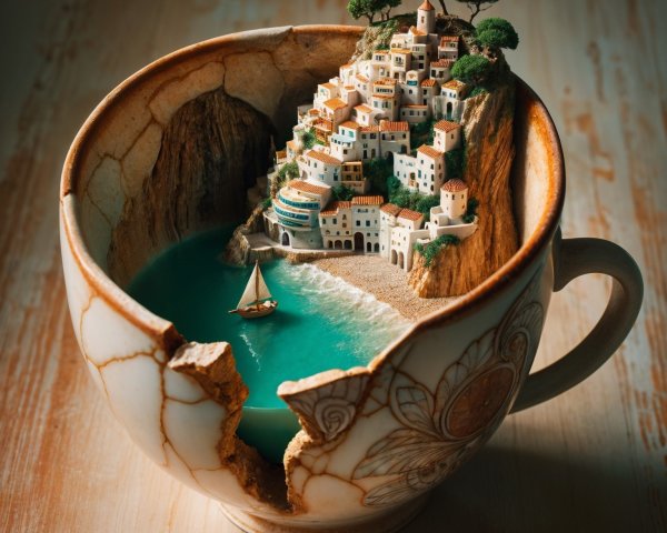 Porcelain Cup with Coastal Village and Artistic Crack