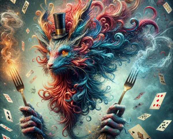 Vibrant Creature with Top Hat and Playing Cards