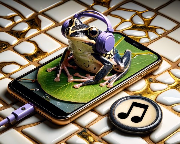 Green Frog on Smartphone with Leaf and Headphones