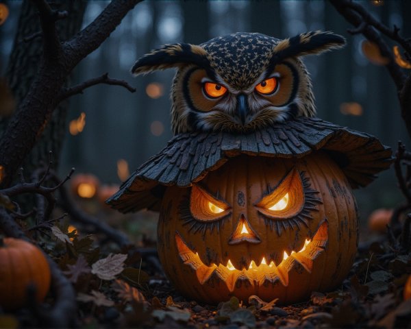 Owl on Glowing Pumpkin in Mystical Twilight Forest