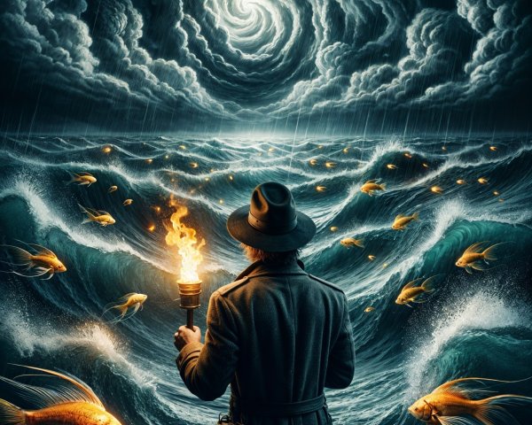 Figure with Torch in Stormy Sea and Golden Fish
