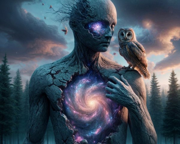 Surreal Figure with Galaxy and Owl in Forest Setting
