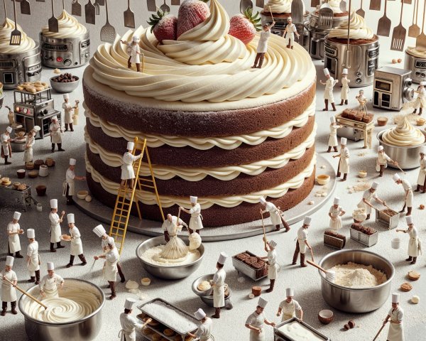 Giant Layered Cake with Miniature Chefs in Bakery