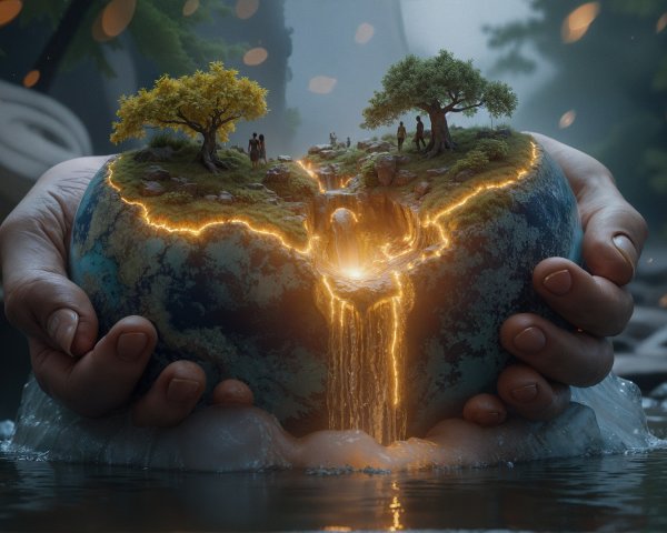 Miniature Globe with Waterfall and Lush Landscape