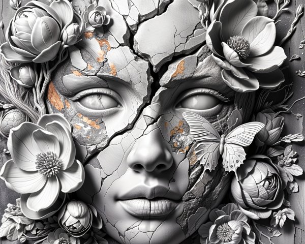 Monochromatic Face on Cracked Surface with Flowers