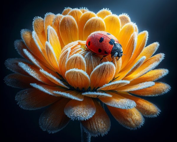 Vibrant orange flower with frost and red ladybug