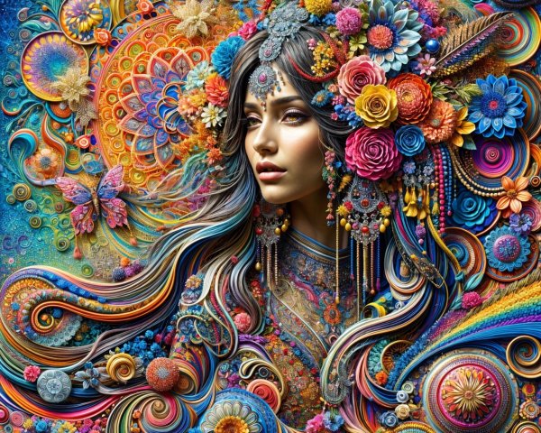 Surreal Portrait of a Woman with Colorful Flowers