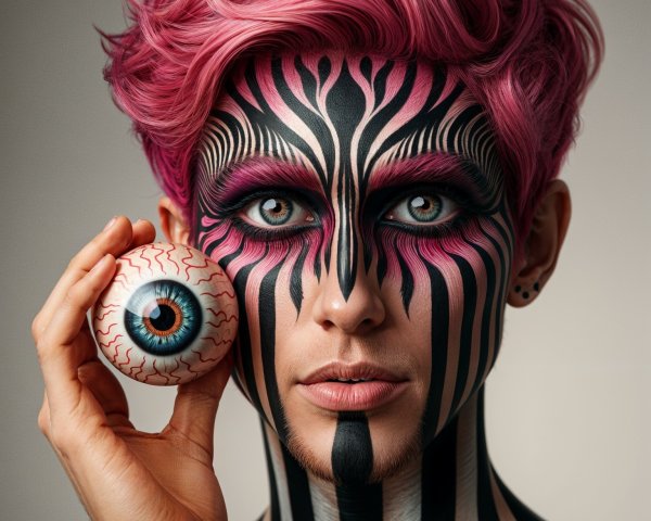 Portrait of Individual with Bold Face Paint and Eyeball Prop