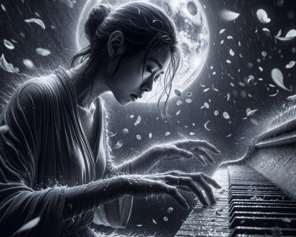 Woman Playing Piano Under Full Moon and Petals