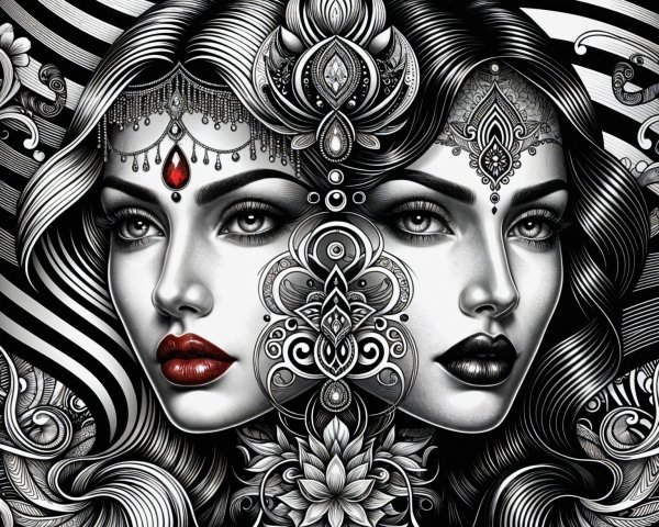 Intricate Female Faces with Decorative Elements and Patterns