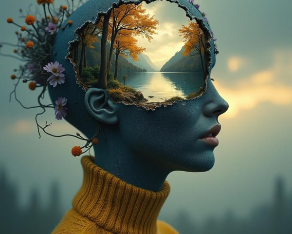 Surreal Portrait of Woman with Scenic Landscape Reflection