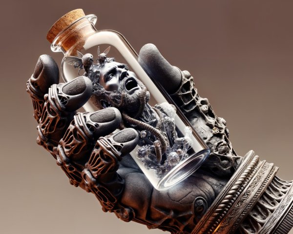 Metallic Hand Holding Glass Bottle with Sculpted Head