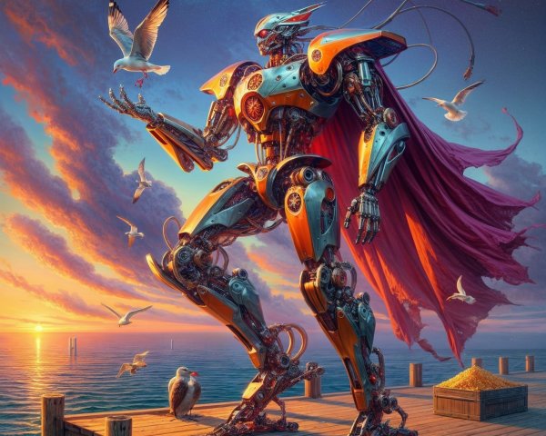 Robot on Pier at Sunset with Seagulls and Sky Colors