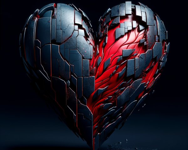 Metallic Heart Sculpture with Red Core and Fragments
