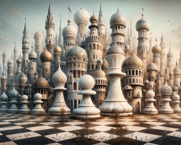 Fantastical cityscape with towering spires and chessboard