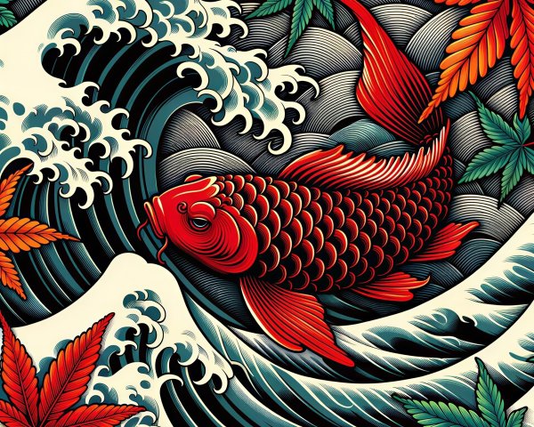 Vibrant Red Koi Fish in Japanese Woodblock Print Style