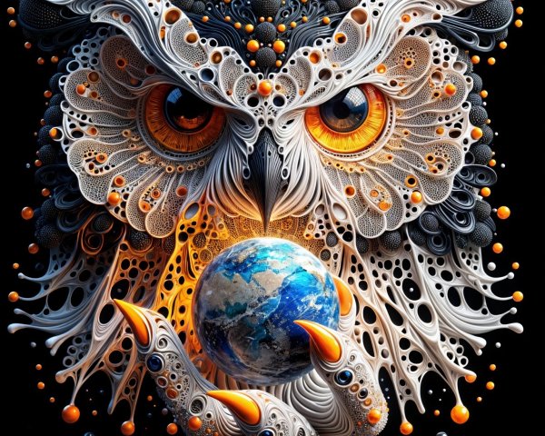 Intricate Owl Design with Earth and Colorful Orbs
