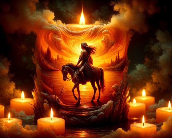 Candle with Horse Silhouette and Sunset Scene