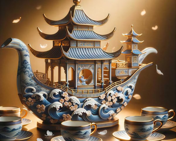 Teapot Shaped Like Ancient Chinese Boat with Pagoda Design