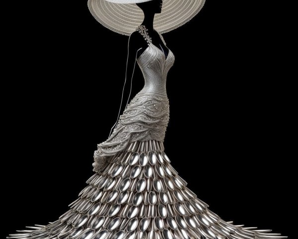 Gown with Spoon Elements and Dramatic Hat Design