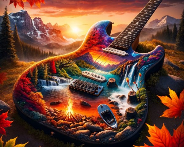 Electric Guitar on Rocky Surface with Scenic Backdrop
