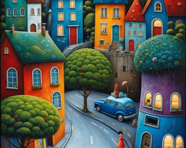 Whimsical Landscape with Colorful Houses and Trees