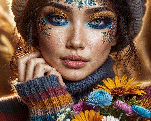 Close-Up Portrait of Woman with Floral Eye Makeup