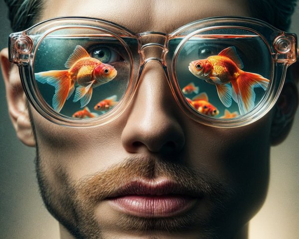 Close-Up of Man with Glasses Reflecting Goldfish