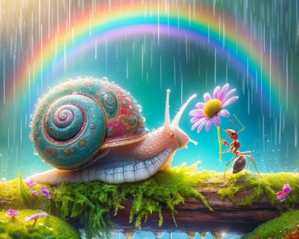 Colorful Snail and Ant in Enchanted Forest Scene