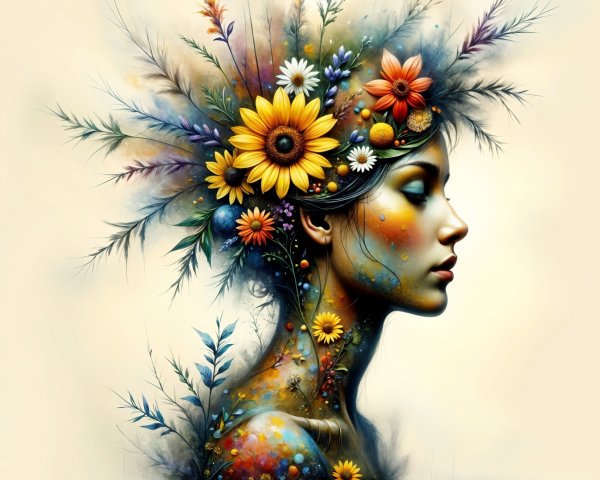 Artistic Profile of a Woman with Floral Headdress