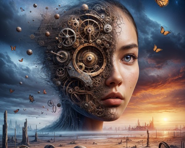 Surreal Portrait of Woman with Gears and Landscape