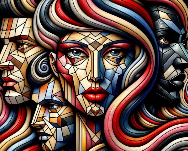 Abstract Faces with Flowing Lines in Vibrant Colors