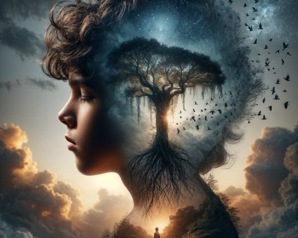 Profile of a Boy with Dreamlike Landscape and Tree